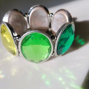 Vintage Chunky Multi-Color Cut-Glass Stretch Bracelet with Silver Beads & Bezels